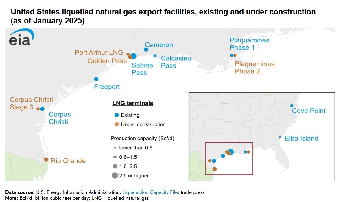 미국 동부 해안 및 걸프 지역에 위치한 액화천연가스(LNG) 수출 터미널. [미 에너지정보청(EIA)]