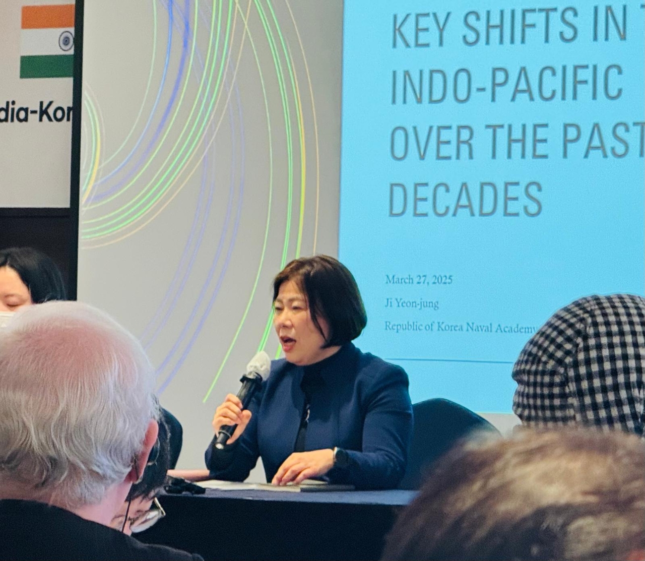 Song Kyung-jin, director of the Asia Foundation, moderates a panel at the Korea-India Economic Partnership Forum at Lotte Hotel in Jung-gu, Seoul, on Thursday. (Sanjay Kumar/The Korea Herald)