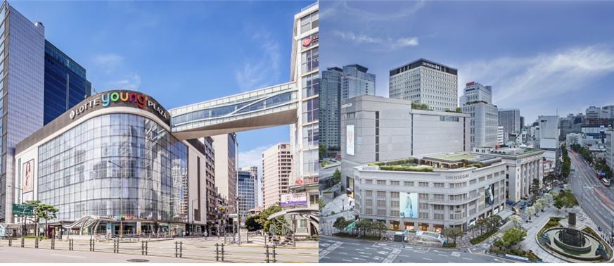 Flagship stores of Lotte Department Store and Shinsegae Department Store in Myeong-dong, central Seoul (Lotte/Shinsegae)