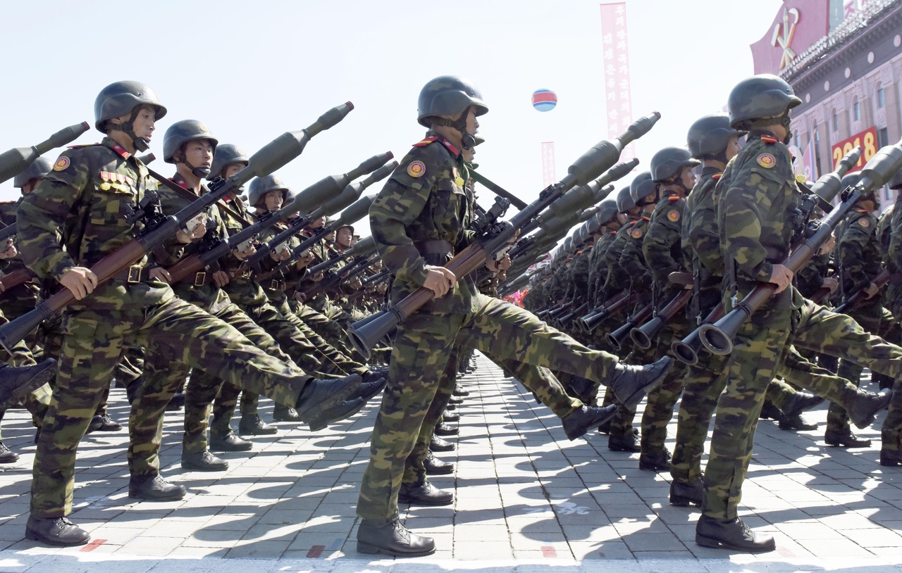 N. Korean soldiers march during a military parade at Kim Il Sung Square in Pyongyang on Sept. 9, 2018. (Getty Images)