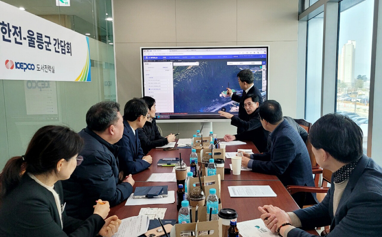 최근 전남 나주에 있는 한전 본사를 찾아나선 남한권 군수등이 울릉도 전력 보급망과 전기 수요확충 등에 대해 한전본사 임원들에게 설명하고 있다(울릉군 제공)