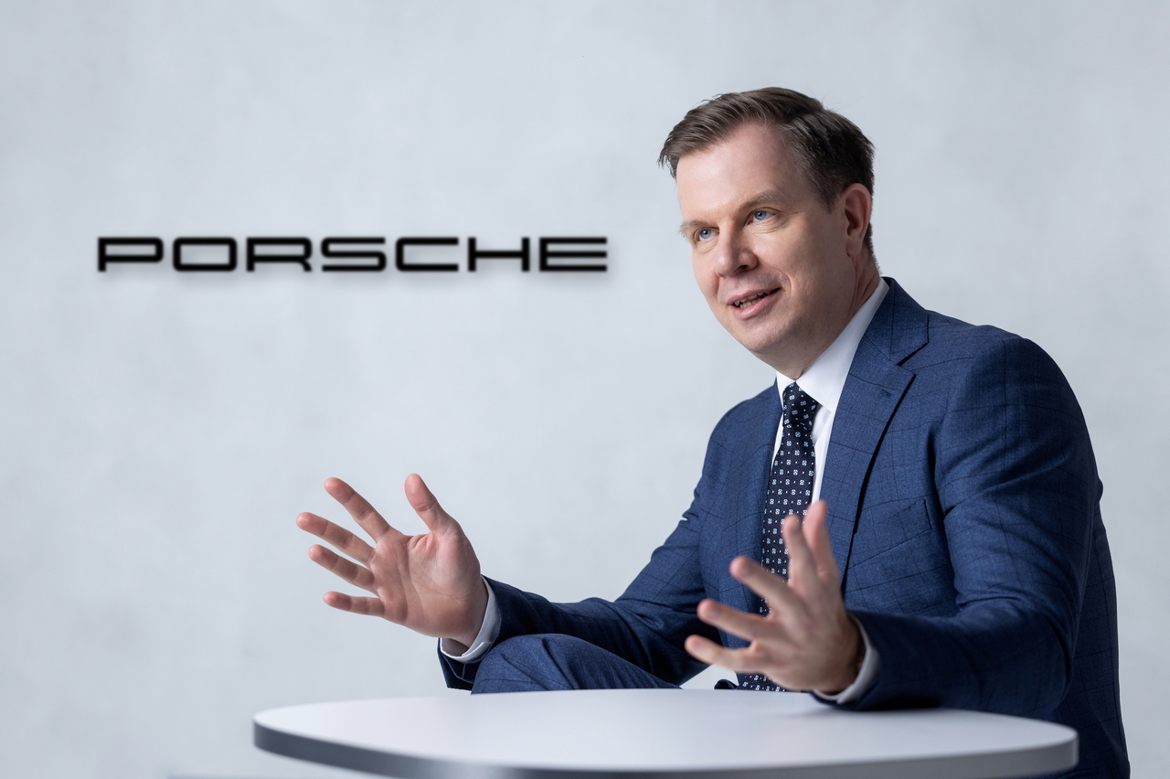 Porsche Korea CEO Mathias Busse speaks during an interview with The Korea Herald at KINTEX, Ilsan, Gyeonggi Province, Thursday after delivering a presentation at the Seoul Mobility Show 2025. (Porsche Korea)