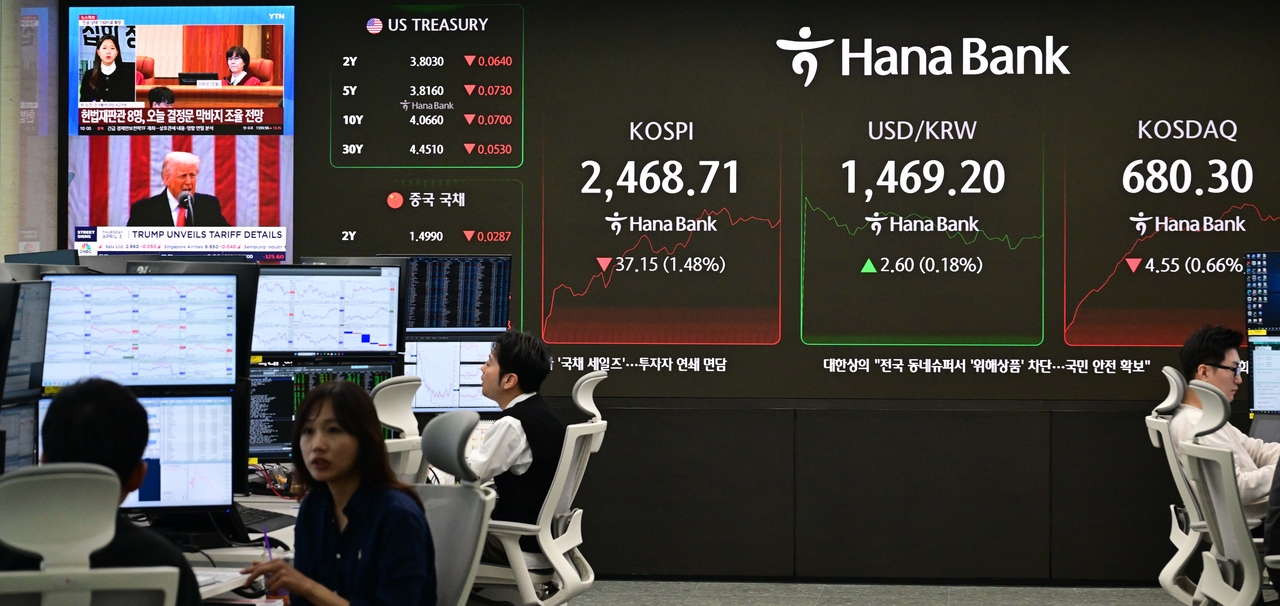 도널드 트럼프 미 행정부가 한국에 25%의 상호관세 세율을 적용한 3일 오전 서울 중구 하나은행 본점 딜링룸에서 딜러가 업무를 보고 있다. 이날 코스피는 전날보다 68.43p(2.73%) 내린 2,437.43으로 시작했다. 원/달러 환율은 4.4원 오른 1,471.0원으로, 코스닥은 14.10p(2.06%) 내린 670.75로 개장했다. 이상섭 기자