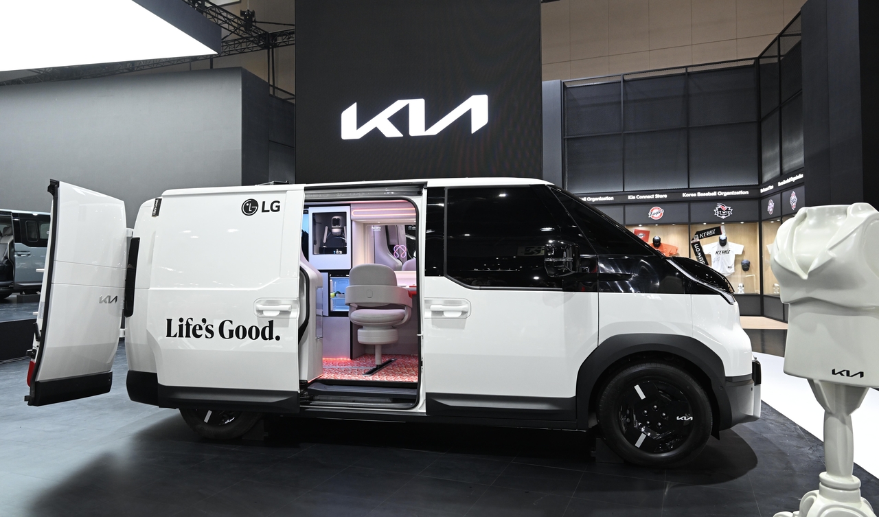 Kia's PV5 is displayed at the Seoul Mobility Show 2025 on Thursday. (Hyundai Motor Group)
