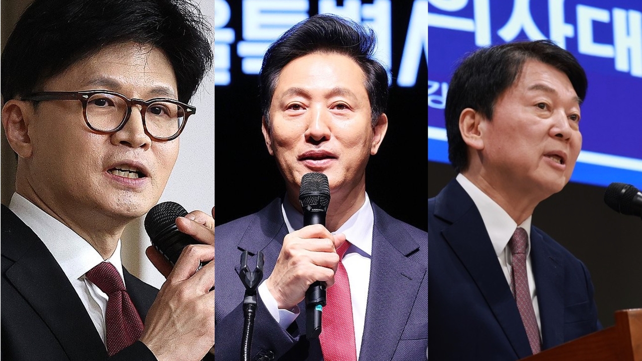From left: former People Power Party leader Han Dong-hoon; Seoul Mayor Oh Se-hoon; and Rep. Ahn Cheol-soo of the People Power Party. (Yonhap)