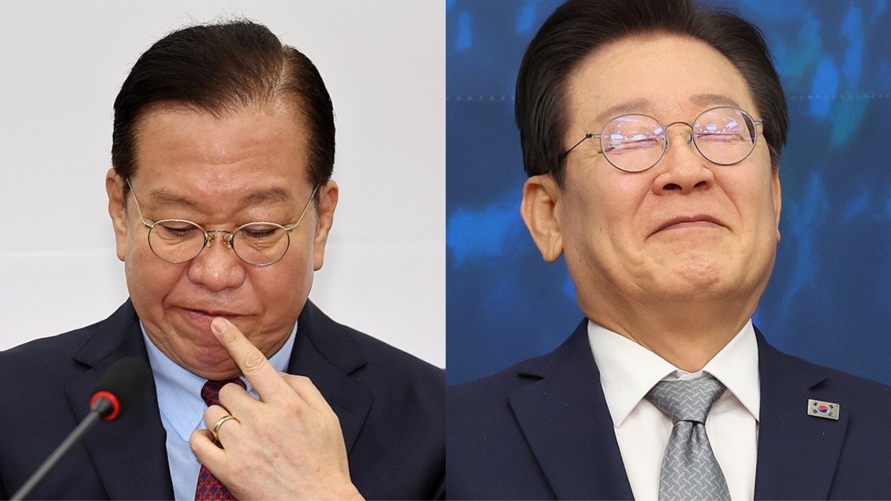 People Power Party leader Rep. Kwon Young-se (left) and Democratic Party of Korea leader Rep. Lee Jae-myung pictured Friday. Yonhap