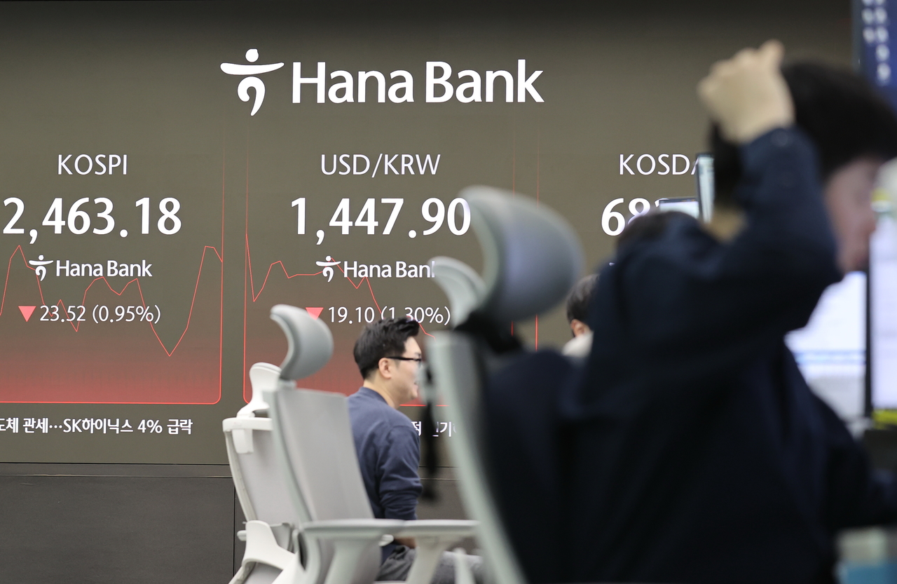 4일 서울 중구 하나은행 본점 딜링룸에서 직원들이 업무를 보고 있다. 이날 코스피는 전장보다 34.29포인트 내린 2452.41로 시작했다. [연합뉴스]