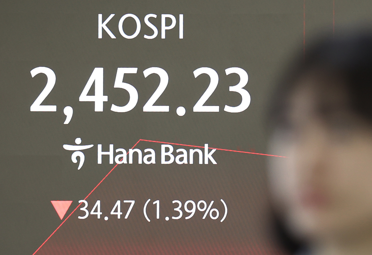 An electronic board showing the Korea Composite Stock Price Index at a dealing room of the Hana Bank headquarters in Seoul on Friday. (Yonhap)