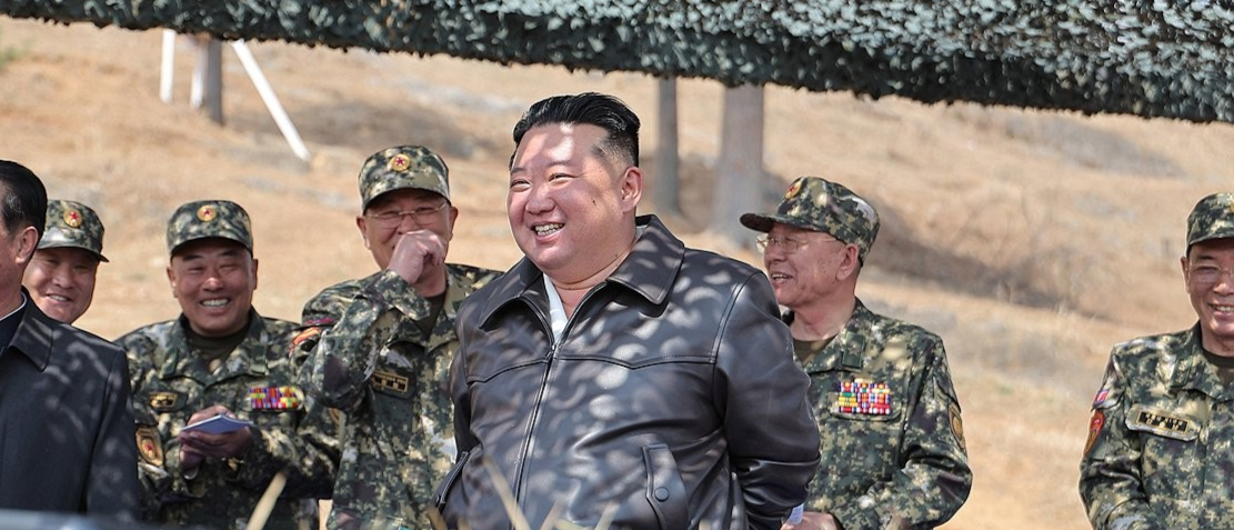 This photo, carried by North Korea's official Korean Central News Agency on April 5, 2025, shows the North's leader Kim Jong-un inspecting training activities of special operation units the previous day. (Yonhap)
