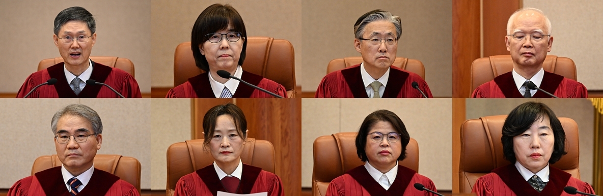 From top left, clockwise: Constitutional Court of Korea Justices Moon Hyung-bae, Lee Mi-son, Kim Hyung-du, Cheong Hyung-sik, Chung Kye-sun, Kim Bok-hyeong, Jung Jung-mi and Cho Han-chang are seen during former President Yoon Suk Yeol's impeachment verdict on Friday. (Yonhap)