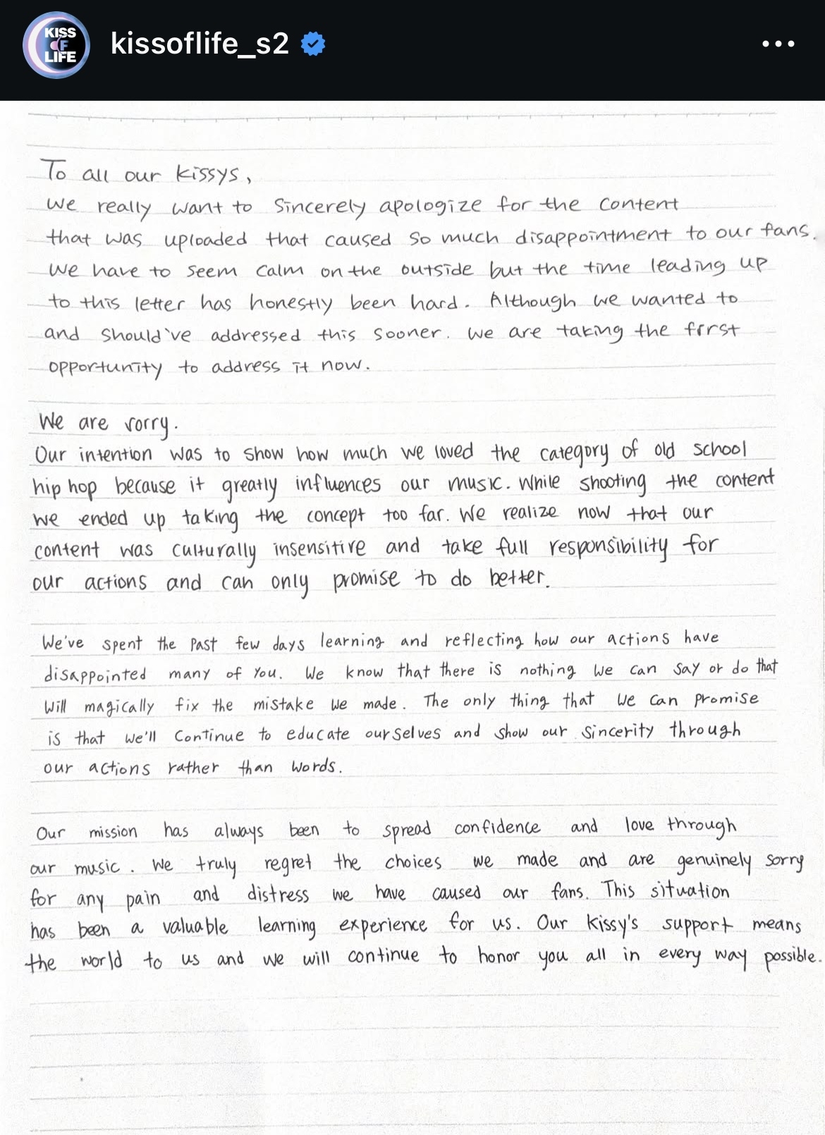 Kiss of Life apologizes in a handwritten letter for "cultural appropriation," as shared via Instagram on Sunday. (Kiss of Life’s Instagram)