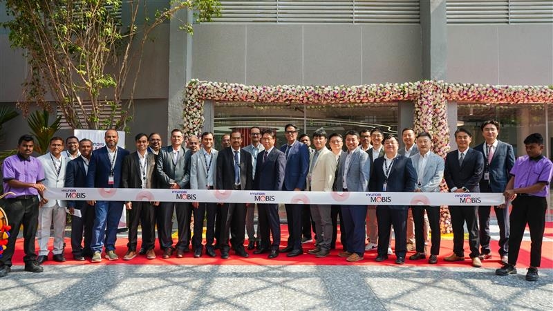 This photo, provided by Hyundai Mobis on Monday, shows executives and staff from Hyundai Mobis Technical Center of India celebrating the opening of the facility in Hyderabad, Telangana, India. (Hyundai Mobis)