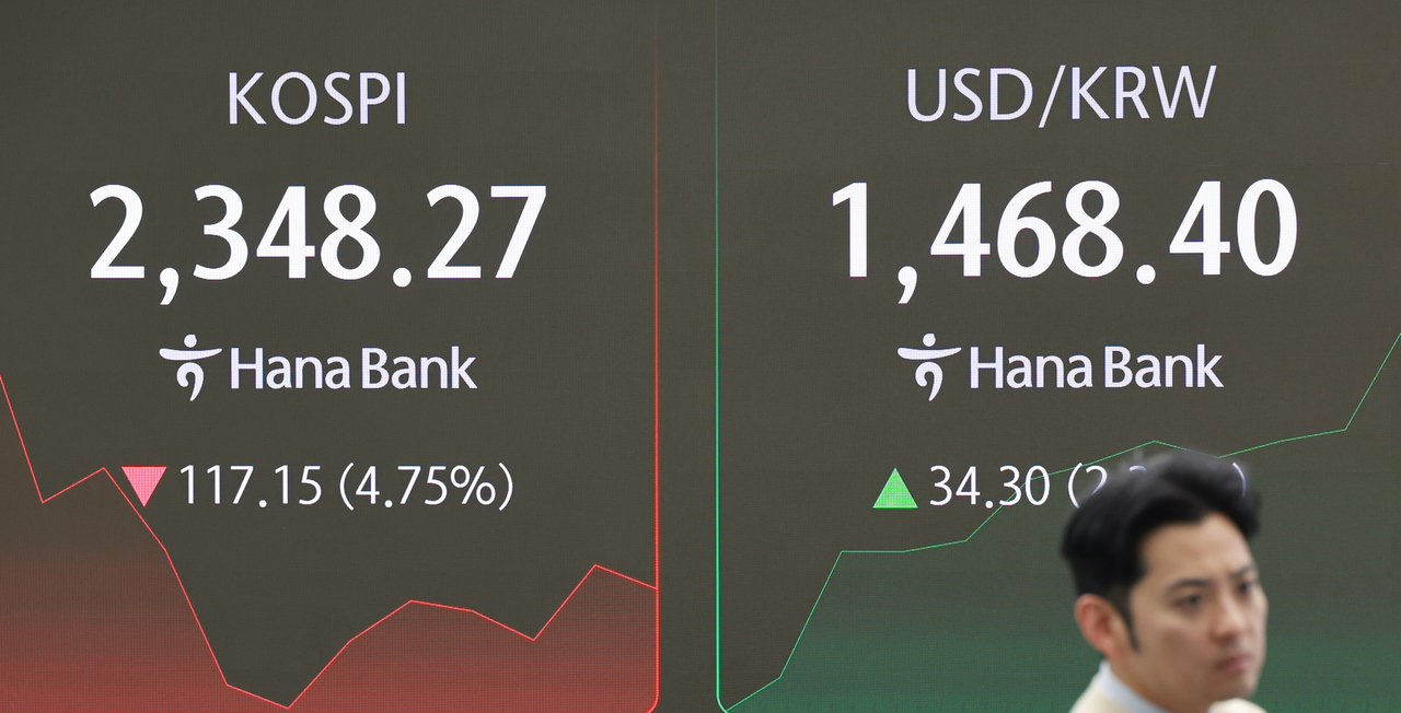 An electronic board showing the Korea Composite Stock Price Index at a dealing room of the Hana Bank headquarters in Seoul on Monday. (Yonhap)