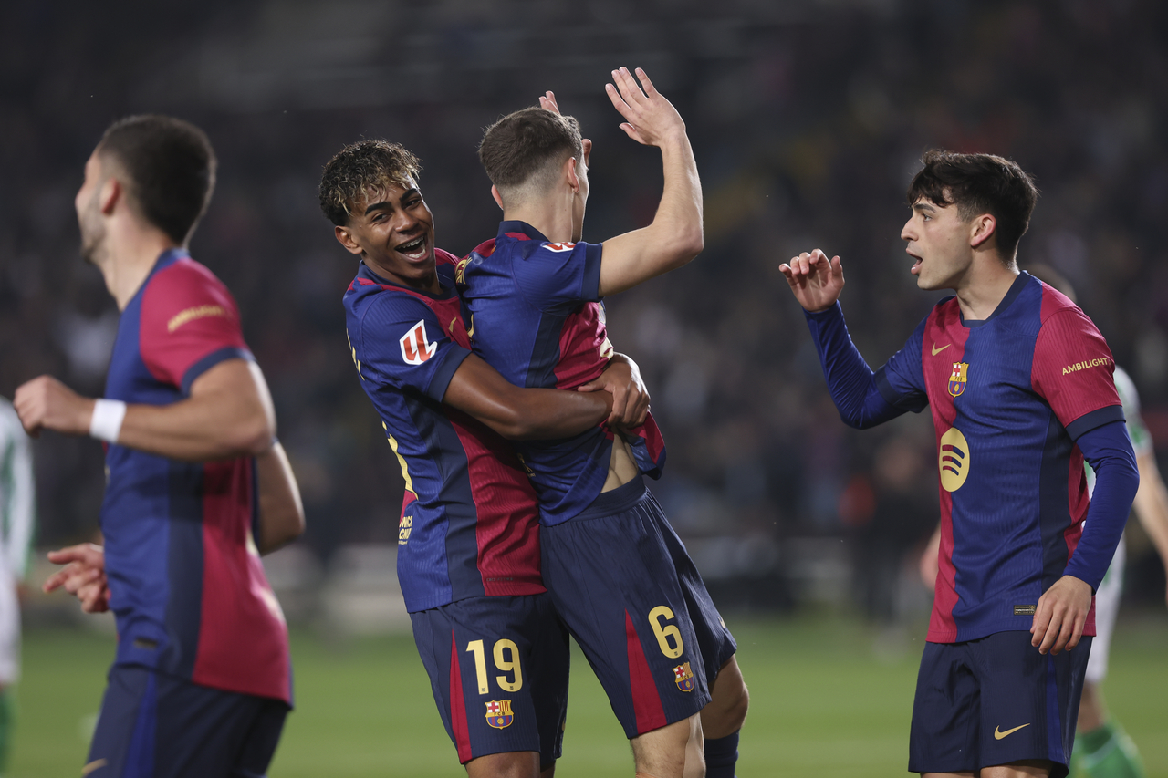 Pablo Martin Gavira Gavi of FC Barcelona celebrates a goal with Lamine Yamal and Pedro Gonzalez Pedri during the Spanish league, La Liga EA Sports, football match played between FC Barcelona and Real Betis at Estadi Olimpic Lluis Companys on Saturday. (Getty Images)