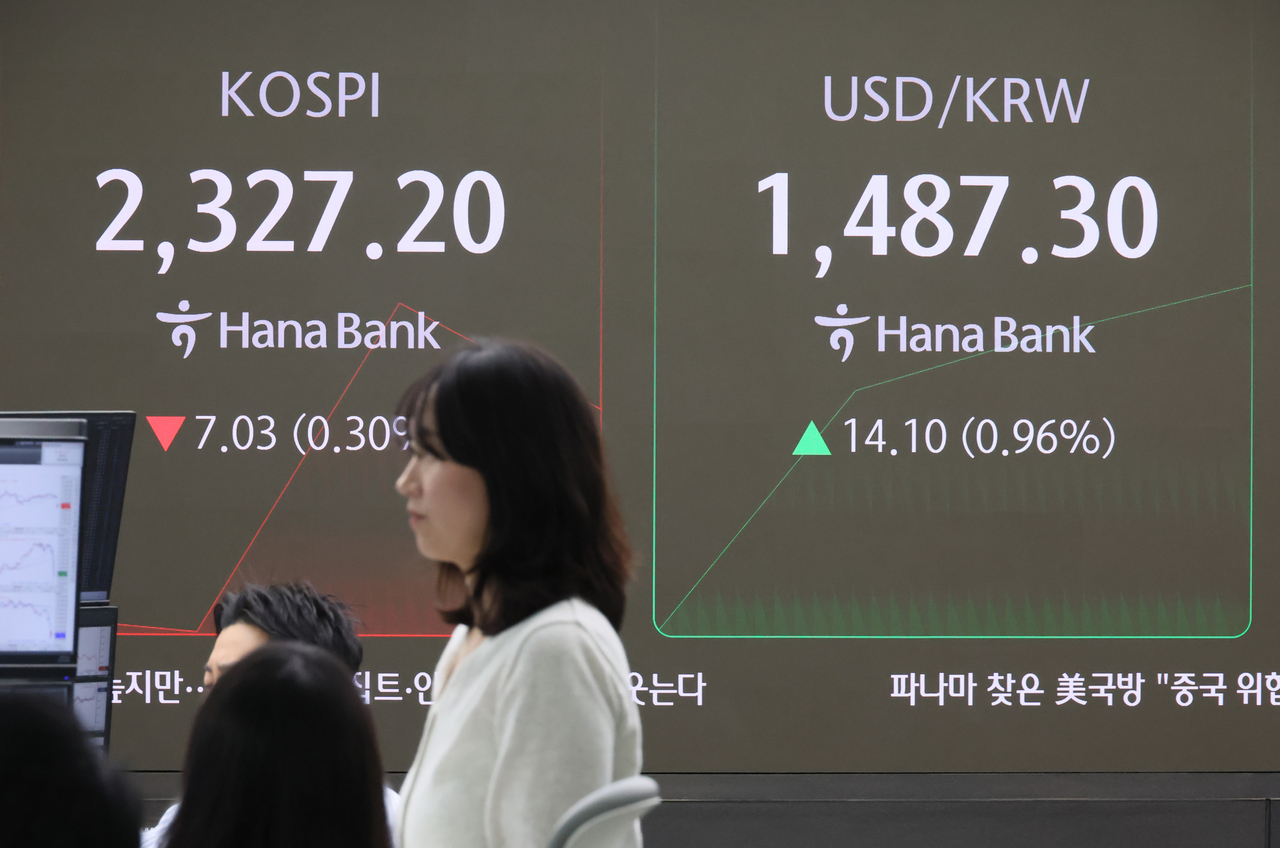 An electronic board showing the Korea Composite Stock Price Index at a dealing room of the Hana Bank headquarters in Seoul on Wednesday. (Yonhap)