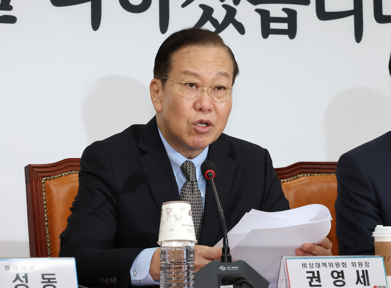 국민의힘 권영세 비상대책위원장이 지난 7일 국회에서 열린 비상대책위원회의에서 발언하고 있다. [연합]