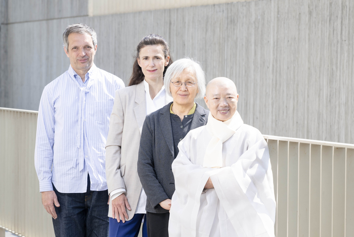 From left: Wendelin Hess, CEO of Echtzeit Publishing; Veronique Hoegger, photographer; Hoo Nam Seelmann, writer; and Ven. Jeongkwan at the Swiss Embassy in Seoul , Monday (Im Se-jun/The Korea Herald)