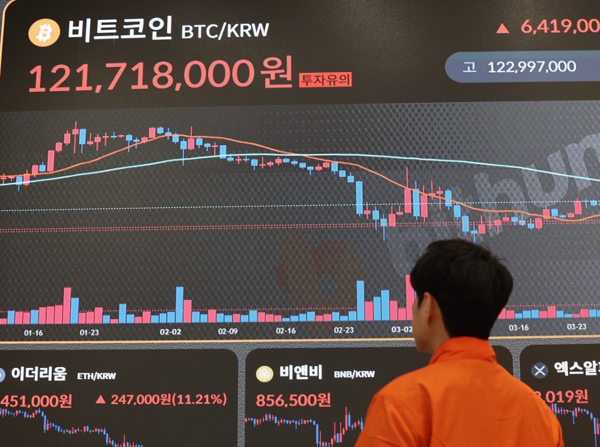 가상화폐 대장주 비트코인이 중국을 제외한 주요 교역국에 대한 90일 상호관세 부과 유예 발표로 크게 오른 10일 서울 서초구 빗썸라운지 전광판에 비트코인 가격이 표시돼있다. [연합]
