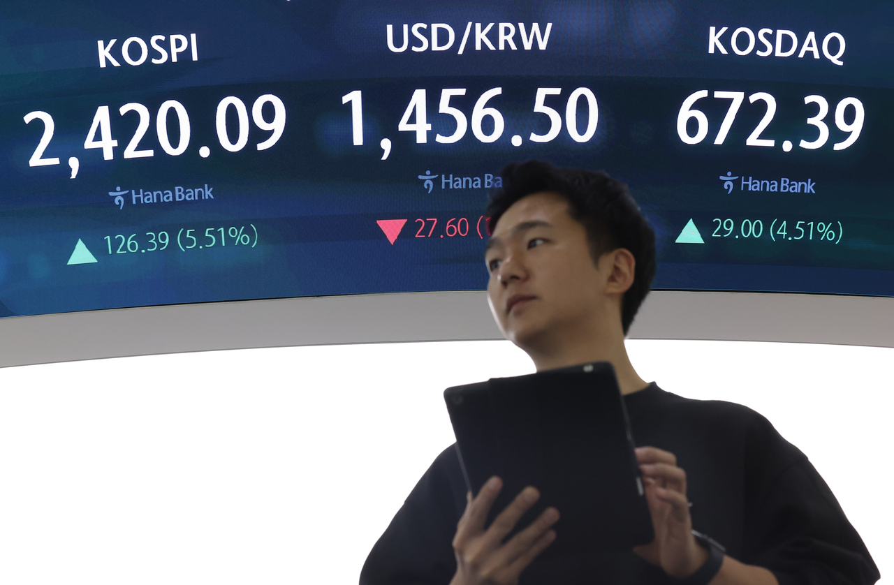 The KOSPI, won-dollar exchange rate, and KOSDAQ index are displayed on the monitor in the dealing room of Hana Bank's headquarters in Jung-gu, Seoul on Thursday. (Yonhap)