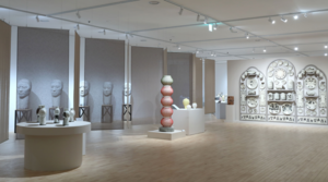 Buncheong stoneware vessels with white slip and brushed iron decoration on display at the Living Breathing Buncheong exhibition