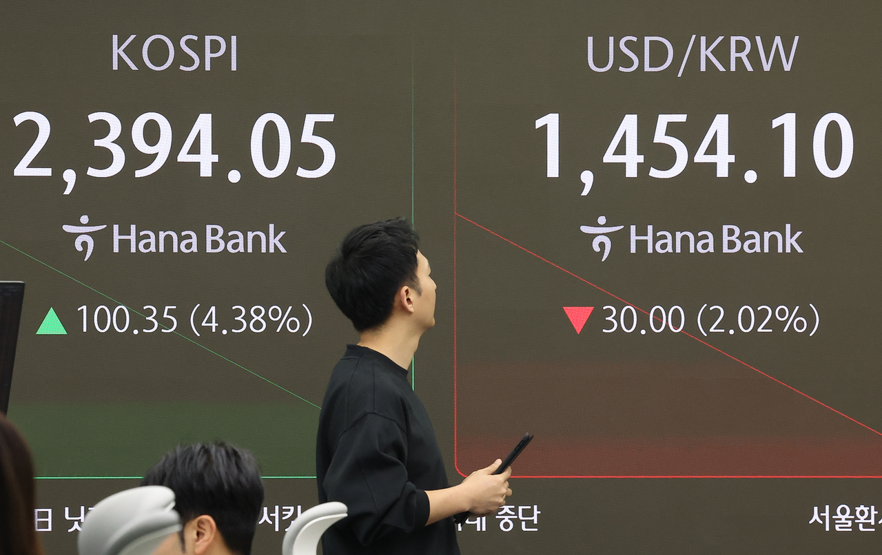 An electronic board showing the Korea Composite Stock Price Index at a dealing room of the Hana Bank headquarters in Seoul on Thursday. (Yonhap)