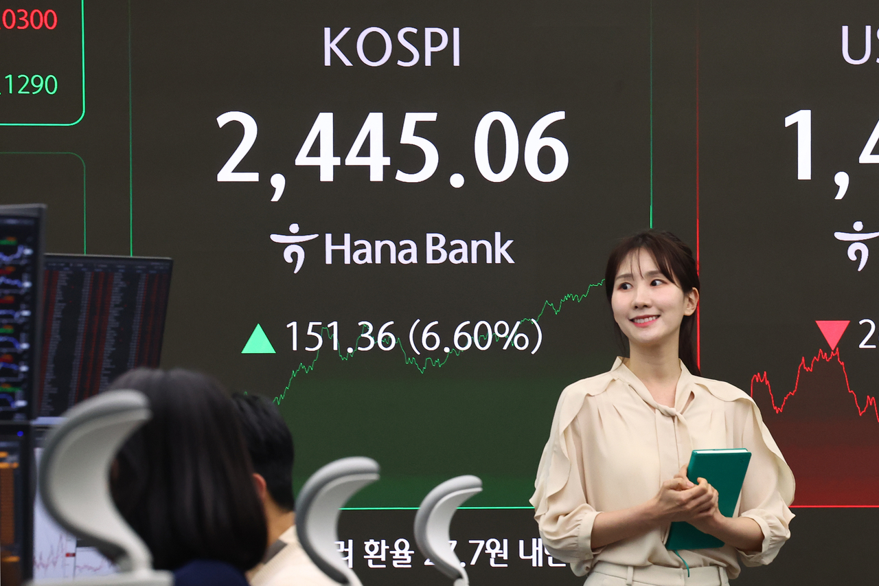 An electronic board showing the Korea Composite Stock Price Index at a dealing room of the Hana Bank headquarters in Seoul on Wednesday. (Yonhap)