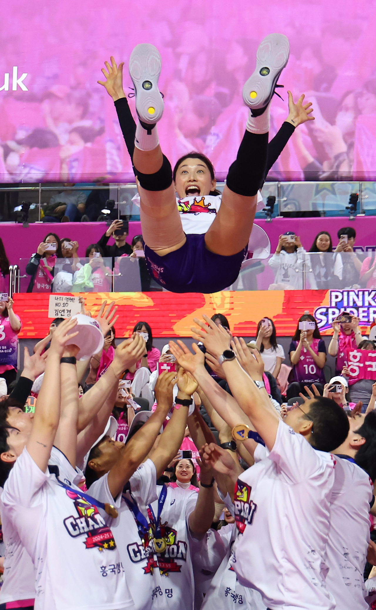 The Heungkuk Life Insurance Pink Spiders toss Kim Yeon-koung in the air in celebration of their championship win Tuesday and Kim's retirement, at the Samsan World Gymnasium in Incheon on Tuesday. (Yonhap)