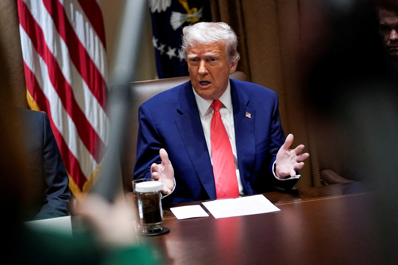 US President Donald Trump speaks during a cabinet meeting at the White House in Washington on Thursday. (Yonhap-Reuters)