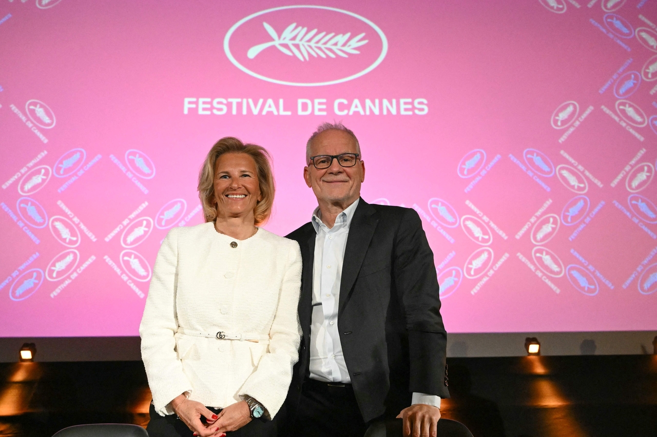 Thierry Fremaux (right), a festival general delegate, and the festival's president, Iris Knobloch, pose at a press conference to announce the official selections of the 78th Cannes Film Festival, at the UGC Montparnasse cinema in Paris, Thursday. (AFP)