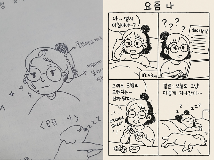 독자가 그린 그림(왼쪽)을 바탕으로 4컷 웹툰을 만들어달라고 챗GPT에 입력하자, 챗GPT가 제작한 웹툰. 이용자의 화풍을 그대로 구현해 제작한 것이 눈에 띈다. [독자 제공]