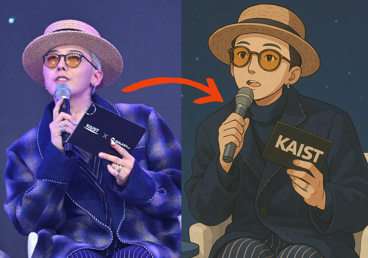 9일 대전 카이스트(KAIST) 류근철 스포츠컴플렉스에서 헤럴드미디어그룹 주최로 열린 ‘이노베이트 코리아 2025’에서 발언하고 있는 지드래곤 KAIST 교수 겸 가수.[대전=임세준 기자]. 오른쪽은 해당 사진을 챗GPT로 변환한 모습.[챗GPT를 사용해 제작]