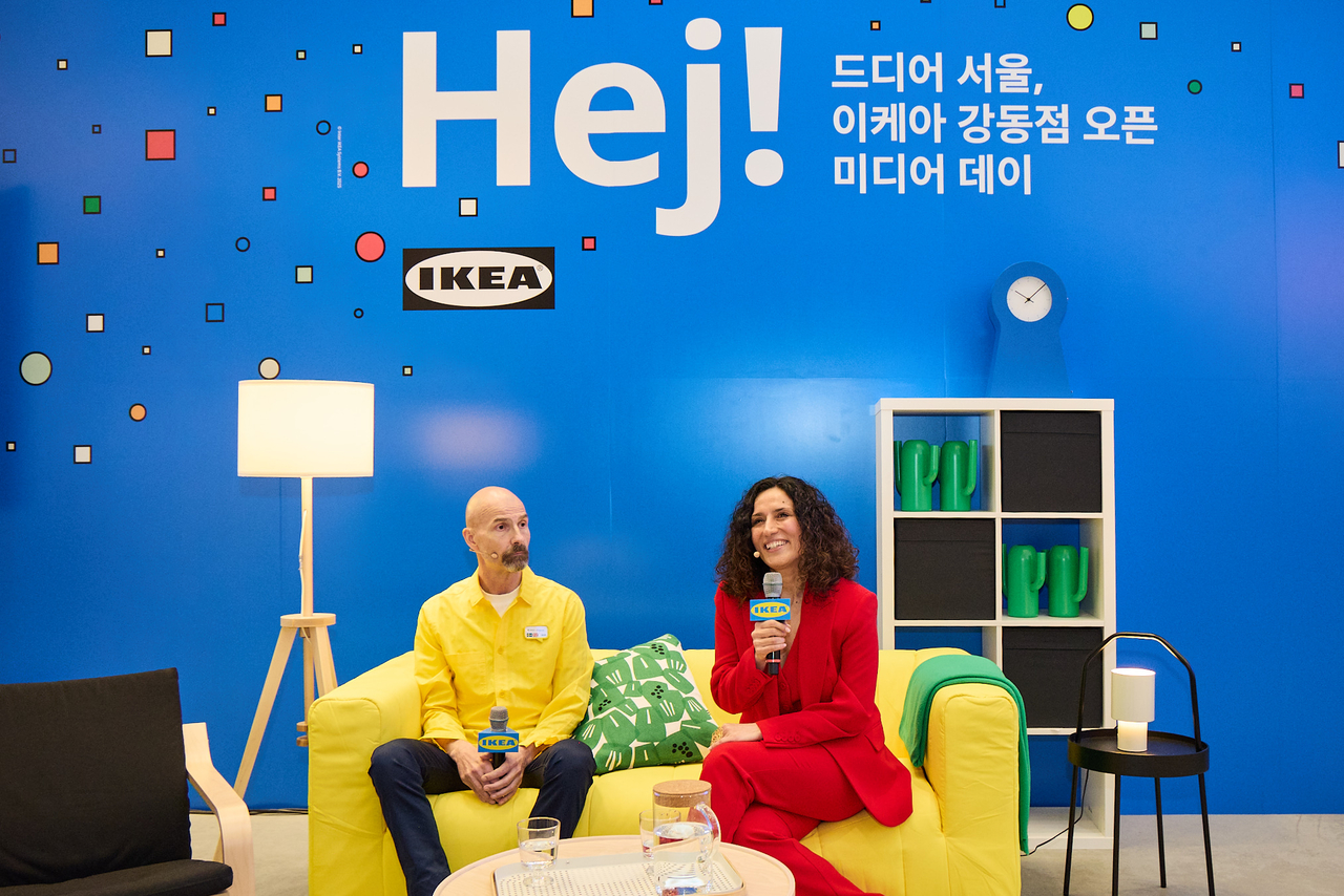 Isabel Puig, CEO and chief sustainability officer of Ikea Korea (right) and Magnus Norberg, Ikea Gangdong market manager, speak at a pre-opening press event at the IKEA Gangdong, on Friday. (Ikea Korea)