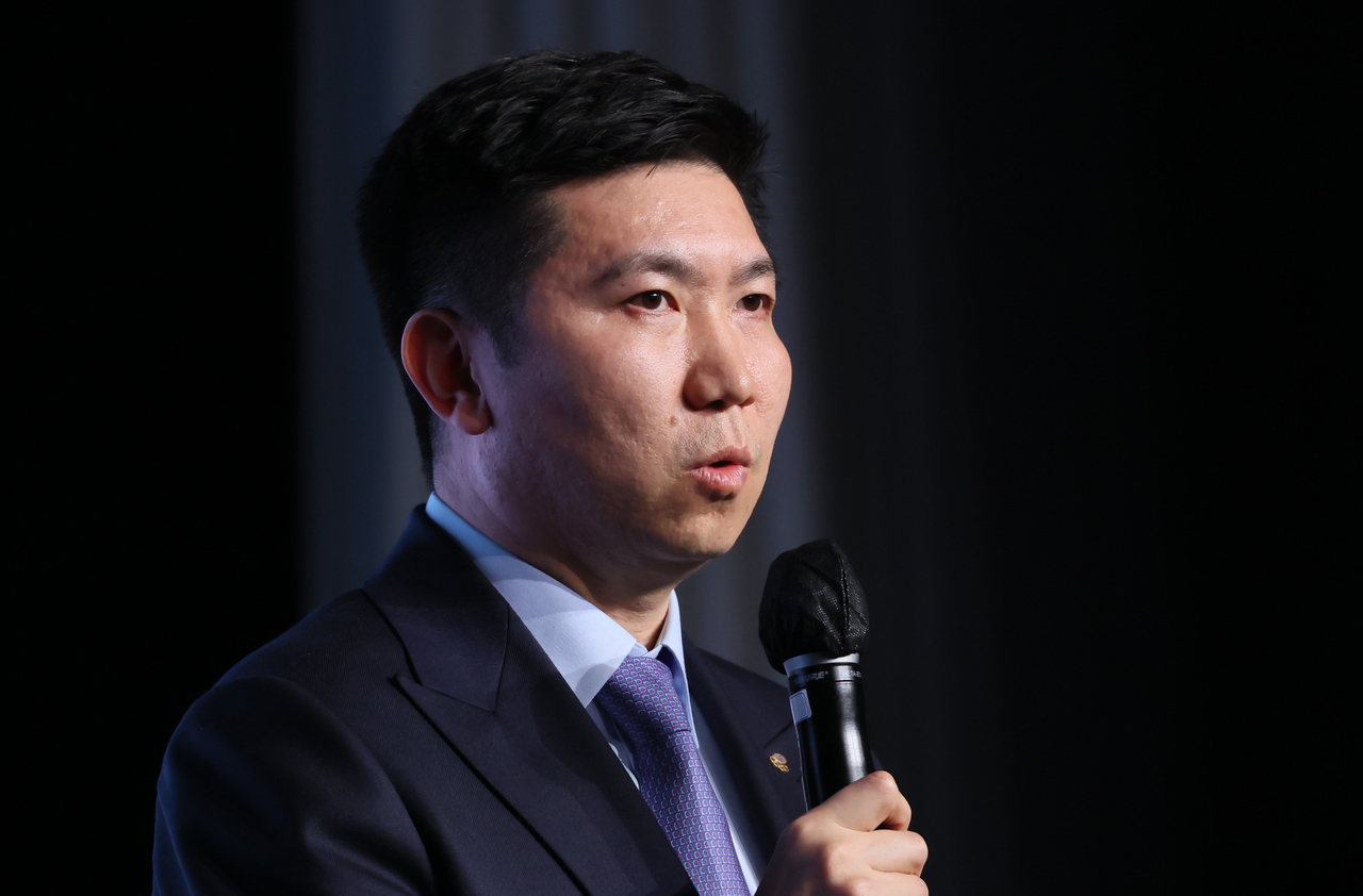 Korean Sport & Olympic Committee President Ryu Seung-min speaks during his inauguration ceremony at Grand Hyatt Hotel in Seoul, in this file photo from March 27, 2025. (Yonhap)