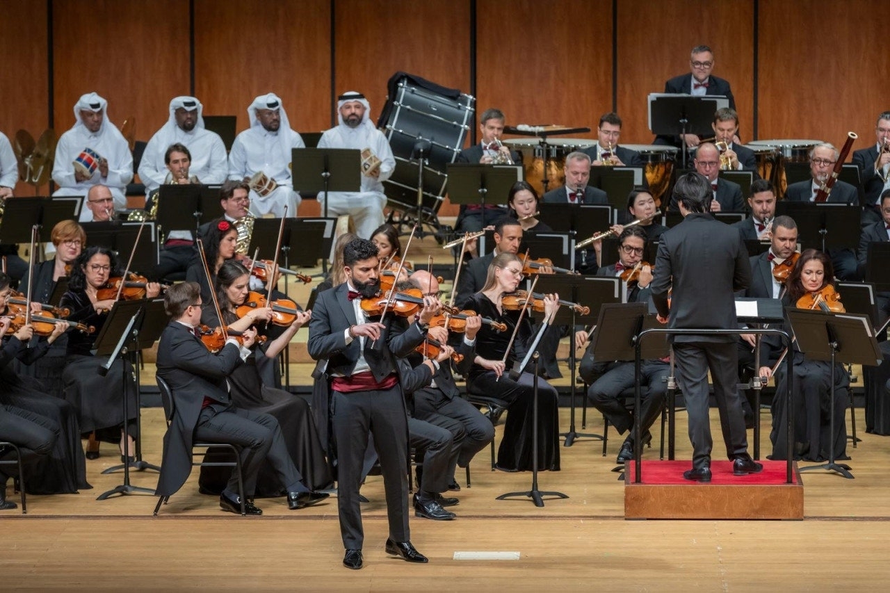 The Qatar Philharmonic Orchestra performs “Spirit of Maqam” by Nasser Sahim, the QPO’s composer and music director, on April 13 at the National Theater of Korea in Jung-gu, Seoul. (Qatar Embassy)