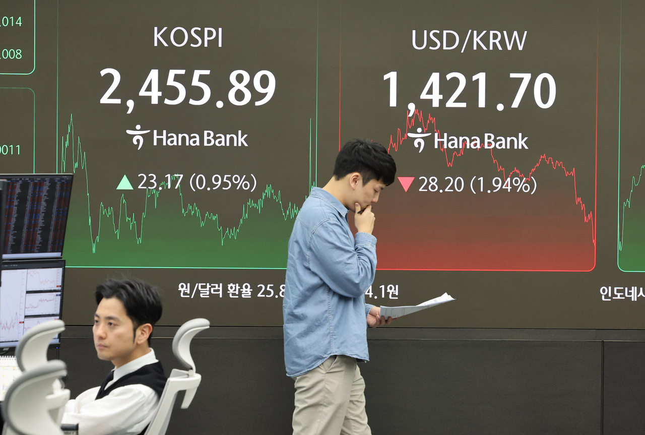 An electronic board showing the Korea Composite Stock Price Index at a dealing room of the Hana Bank headquarters in Seoul on Monday. (Yonhap)