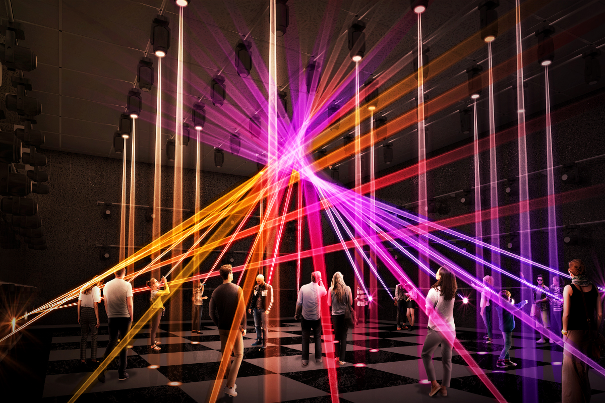 In the first hall of the Korea Pavilion, titled “Everyone Is United by Sound and Light,” beams of light move through the room. (KOTRA)