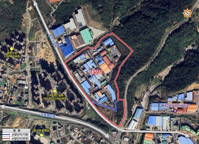 울산시 북구 중산동 중산일반산업단지가 기존 12만8392㎡에서 14만8073㎡로 확장된다. 확장되는 부분은 사진의 기존 파란색 선에서 빨간색 선 부분이다. [울산시 제공]
