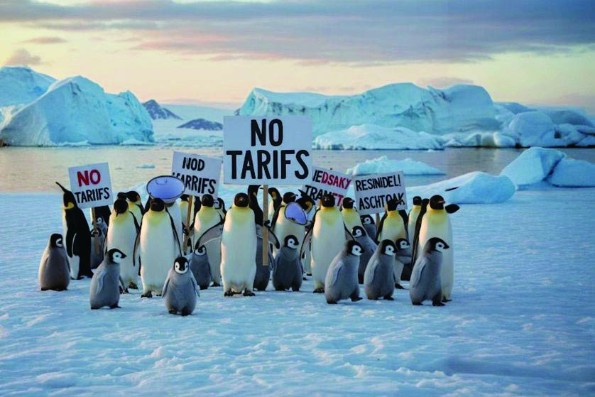 The Trump Adminisration has put a 10% tariff on the Heard and McDonald Islands. subantarctic islands, technically an external Australian territory. It‘s in the middle of nowhere and is inhabited by penguins and has a 0 poplulation of people. Not sure who they plan to negotiate with there. A virtual photo depicting penguins living on the Hurd McDonald Islands, a remote Australian island near Antarctica, holding a panel reading “No tarifs” in French. [X Capture]