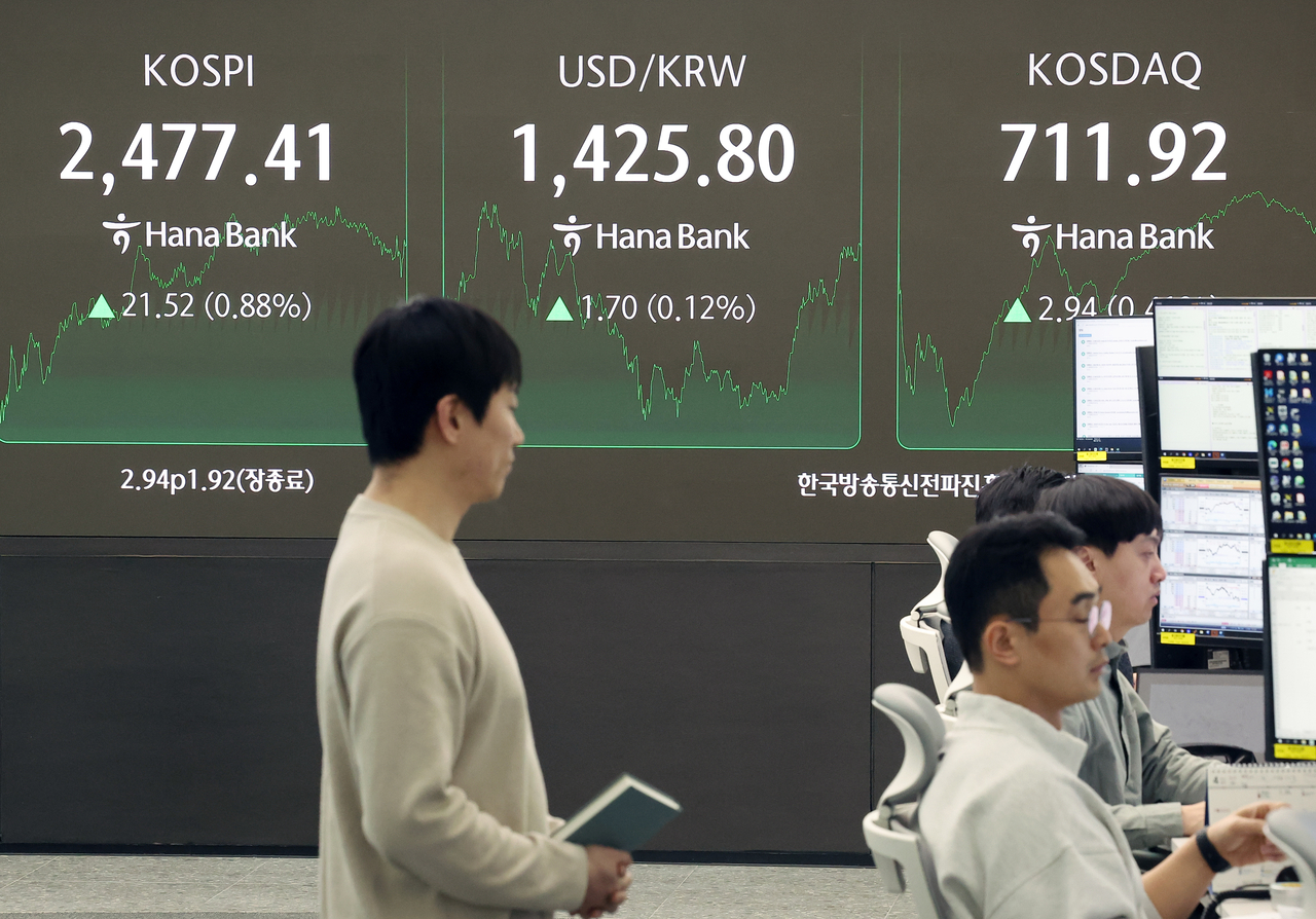 An electronic board showing the Korea Composite Stock Price Index at a dealing room of the Hana Bank headquarters in Seoul on Tuesday. (Yonhap)