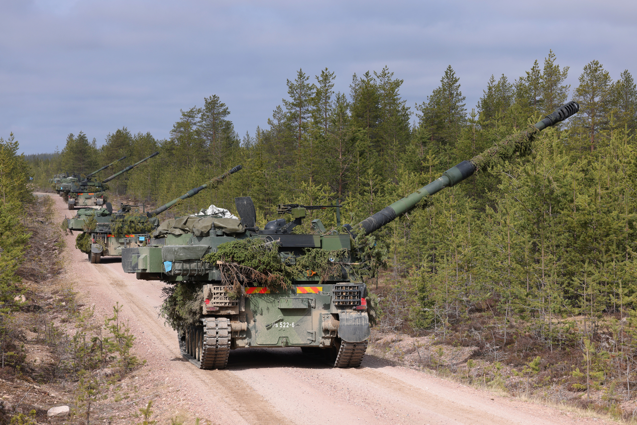 K9 Thunder 155mm self-propelled howitzers of the Finnish military participate in the LIST 22 live-fire Lightning Strike military exercises at the Rovajarvi training grounds on May 23, 2022 near Rovaniemi, Finland. (Getty Images)