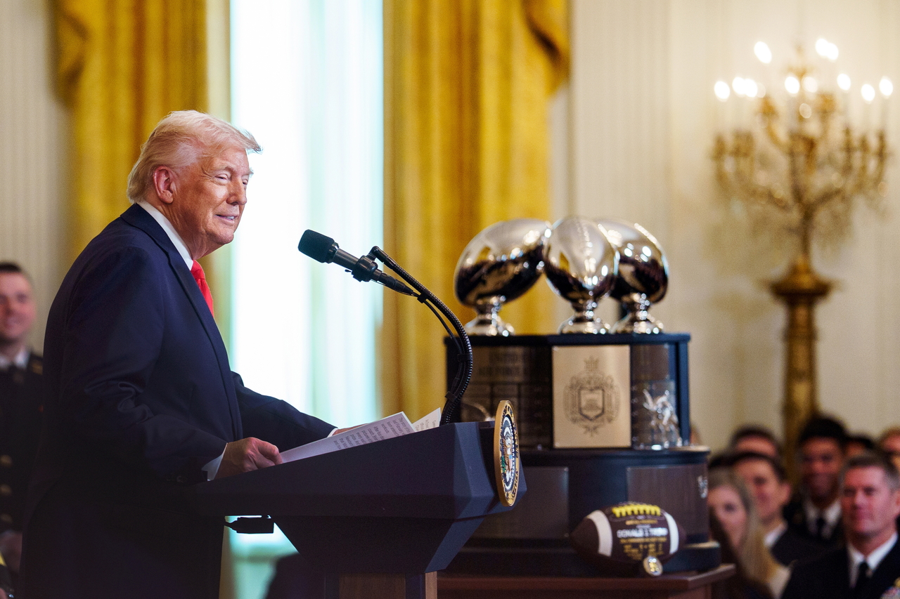 US President Donald Trump during a presentation of the Commander in Chief Trophy to US Navy Midshipmen in the East Room at the White House in Washington on Tuesday EPA-Yonhap