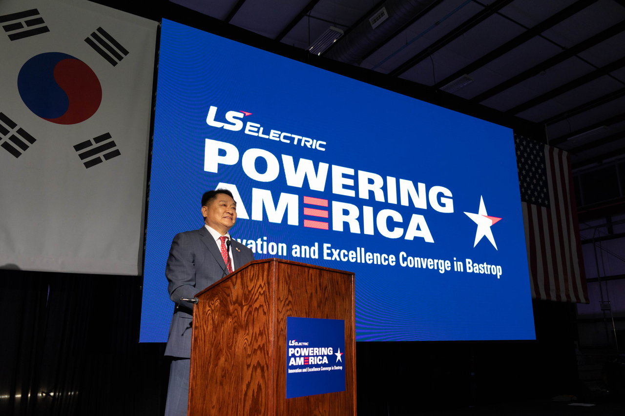 LS Electric CEO and Chairman Koo Ja-kyun delivers a speech during the opening ceremony of the LS Electric Bastrop Campus in Texas on Tuesday. (LS Electric)
