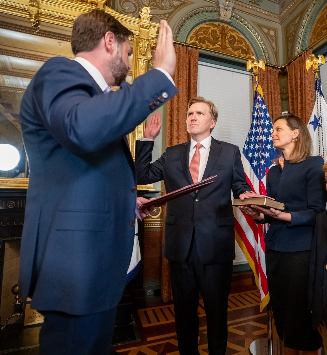 Under Secretary of Defense for Policy Elbridge Colby is being sworn in by Vice President J.D. Vance in Washington on Apr. 9. (Colby's X account)