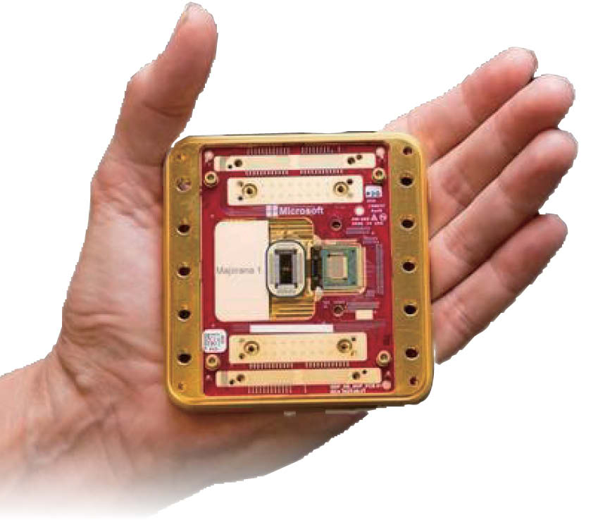마이크로소프트(MS)는 2025년 2월, 세계 최초의 위상적 큐비트(topological qubit) 기반 양자 프로세서 ‘마요라나 1(Majorana 1)’을 공개했다. 손바닥 크기의 단일 칩에 이론적으로 최대 100만 큐비트까지 확장 가능한 설계이며, 현재는 8큐비트를 구현한 상태다. 양자컴퓨팅의 대규모 실현을 위한 출발점으로 평가된다.  [출처 : 마이크로소프트]