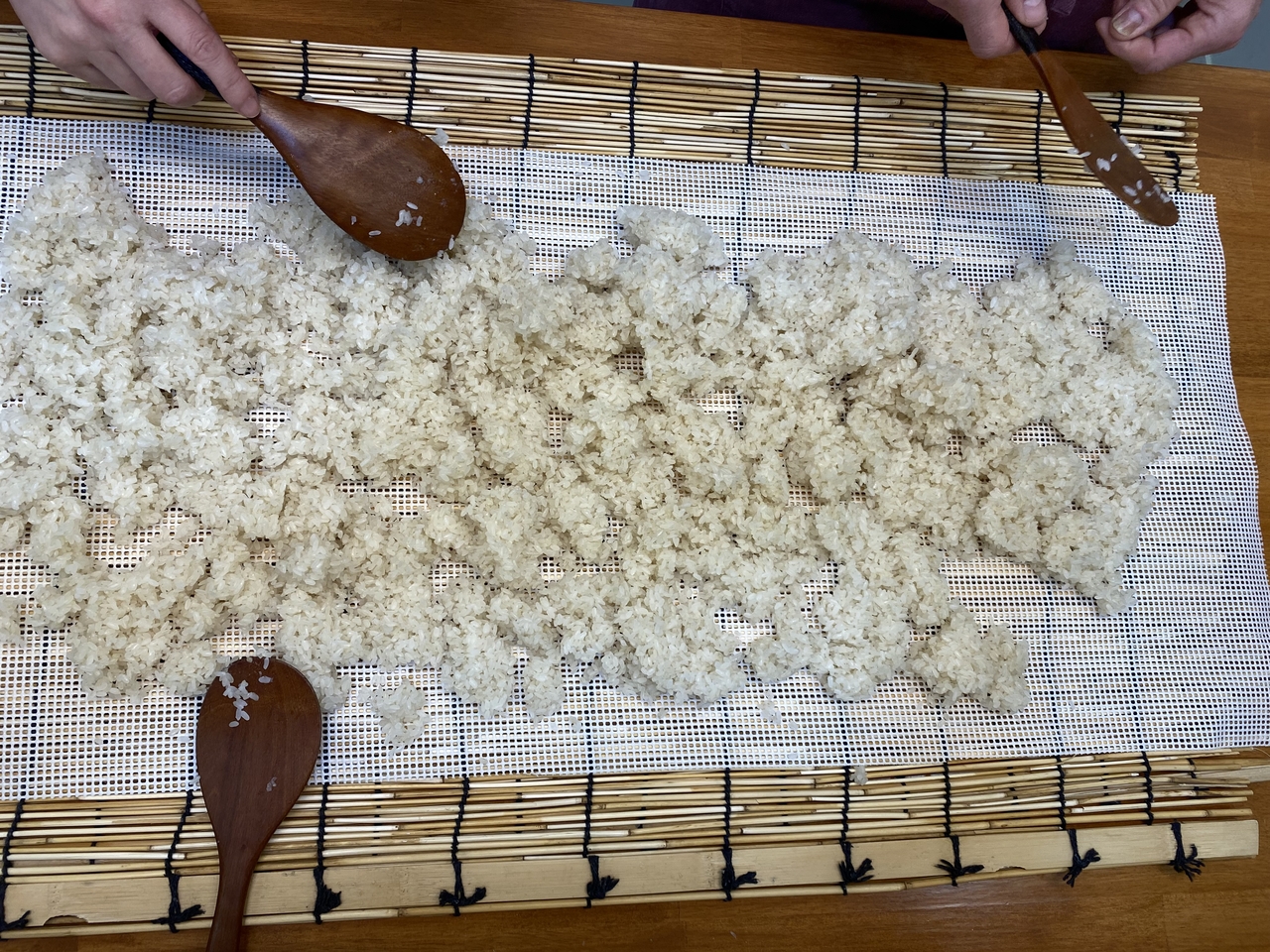 Sweet rice is spread on gauze to cool during Suguk's makgeolli-making class on Monday. (Lim Jae-seong/The Korea Herald)