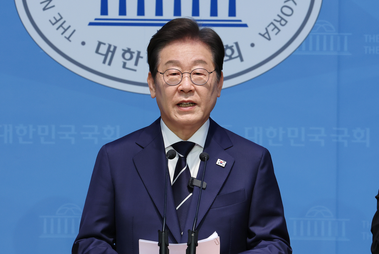 Lee Jae-myung, former leader of the Democratic party, speaking during a press conference at the National Assembly in Seoul on Friday. (Yonhap)