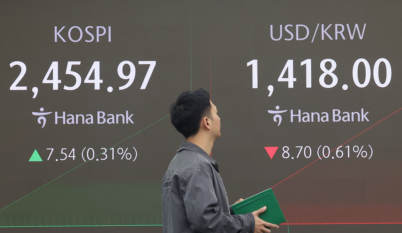 An electronic board showing the Korea Composite Stock Price Index at a dealing room of the Hana Bank headquarters in Seoul on Thursday. (Yonhap)