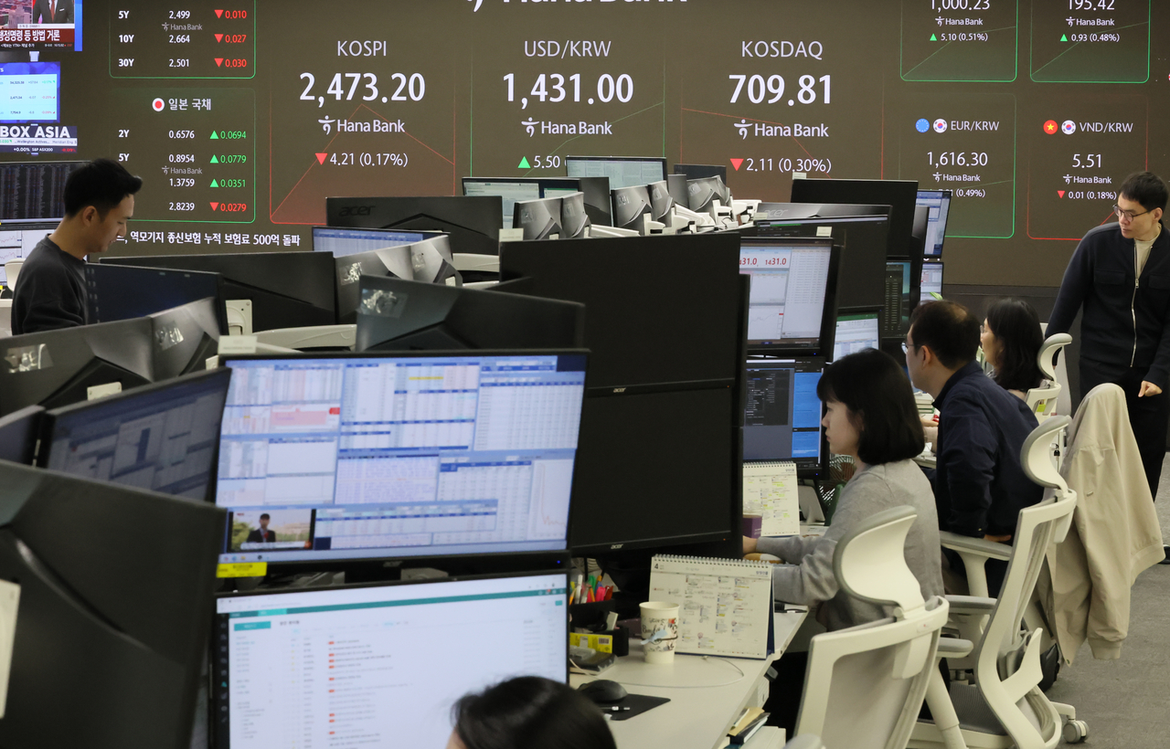 한국은행 금융통화위원회가 17일 연 2.75%인 기준금리를 동결했다. 경기 상황만 보면 금리 인하 대응 필요성이 높아지고 있으나 환율, 가계부채 등 불확실성이 커 당분간 시장 동향을 지켜봐야 한다고 판단한 것이다. 사진은 서울 중구 하나은행 본점 딜링룸에서 딜러가 업무를 보고 있는 모습 [연합]