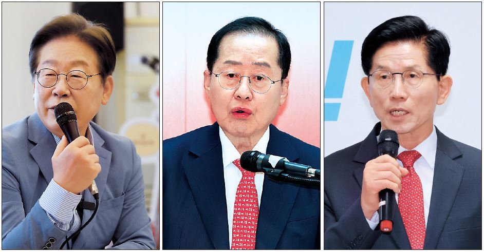 이재명 더불어민주당 대선 경선후보가 18일 대구 북구 사회혁신커뮤니티연구소 협동조합 소이랩에서 열린 K-콘텐츠 기업 간담회에 참석해 발언하고 있다(왼쪽). 같은 날 국민의힘 홍준표(가운데), 김문수 대선 경선 후보가 자신의 서울 여의도 선거사무소에서 각각 경제 분야 공약과 사회·교육·문화 분야 공약을 발표하고 있다. [연합]