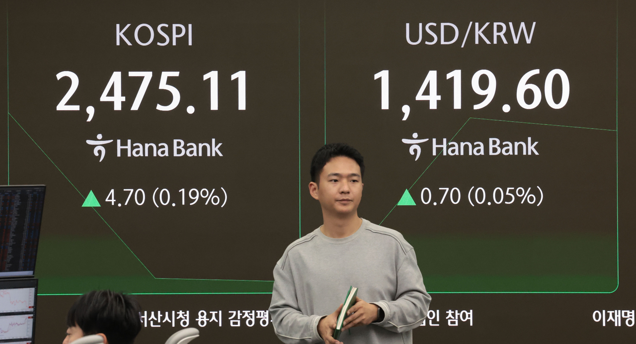 An electronic board showing the Korea Composite Stock Price Index at a dealing room of the Hana Bank headquarters in Seoul on Friday. (Yonhap)